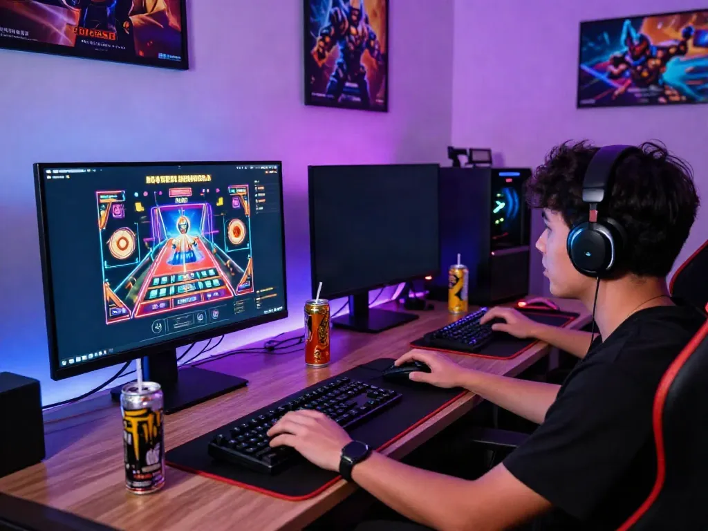 Engaged gamer enjoying DU88 online gaming experience with vibrant setup.