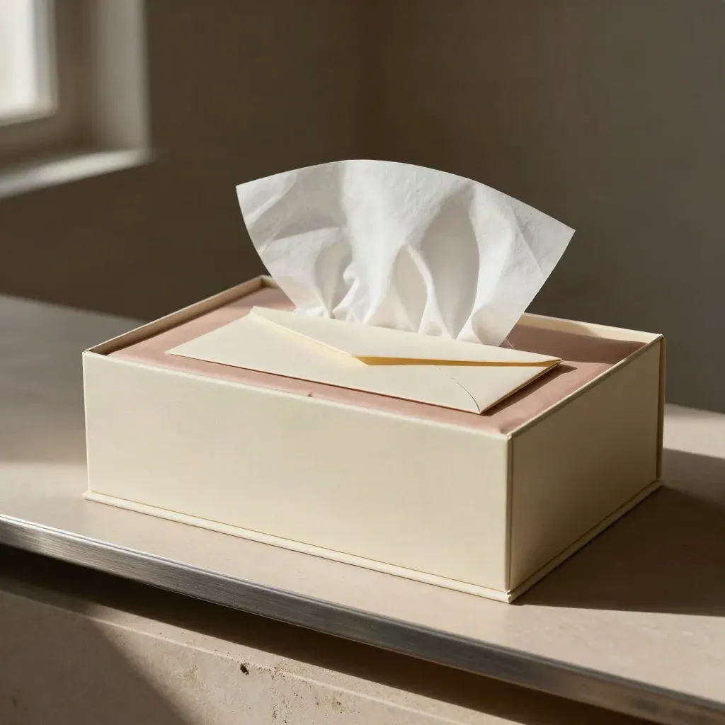 Caja de kit de lanzamiento con papeles y sobre, en una luz cinematográfica cálida.
