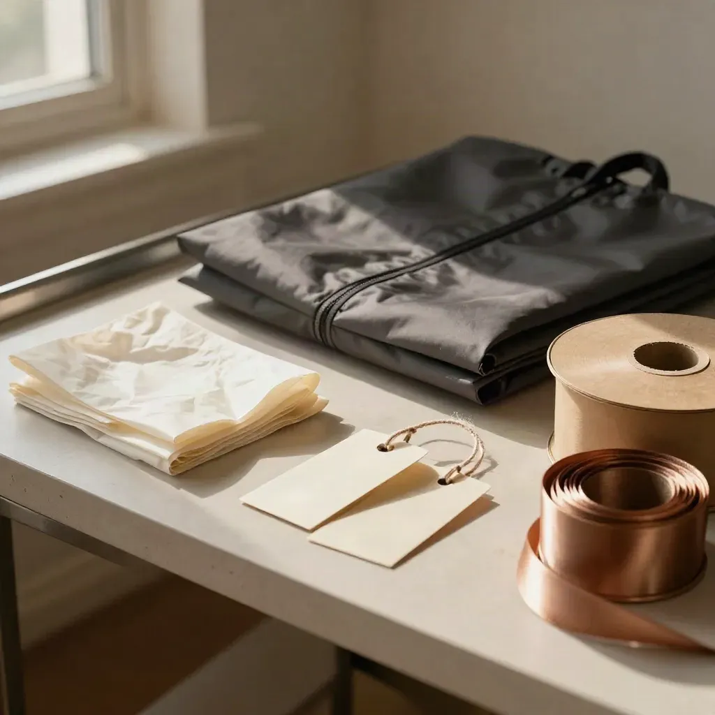 Kit de lanzamiento de moda con papel de seda, bolsa de ropa, etiquetas y caja sobre estante claro.
