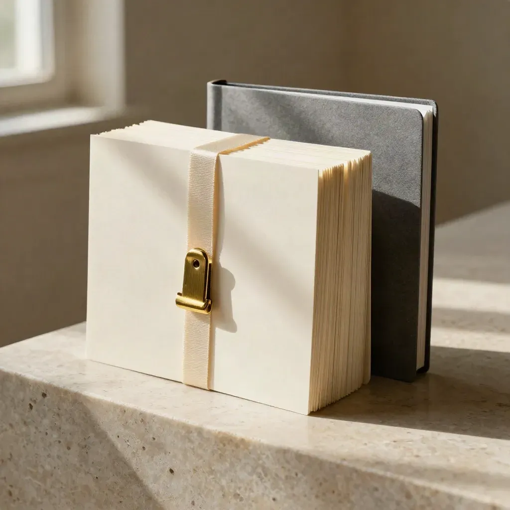 Pila de tarjetas marfil con cinta, clip de latón y libreta cerrada sobre piedra clara.