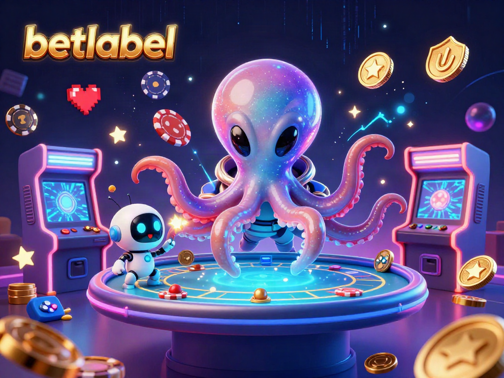 Join the fun with Betlabel as the alien octopus plays poker in a vibrant casino environment.