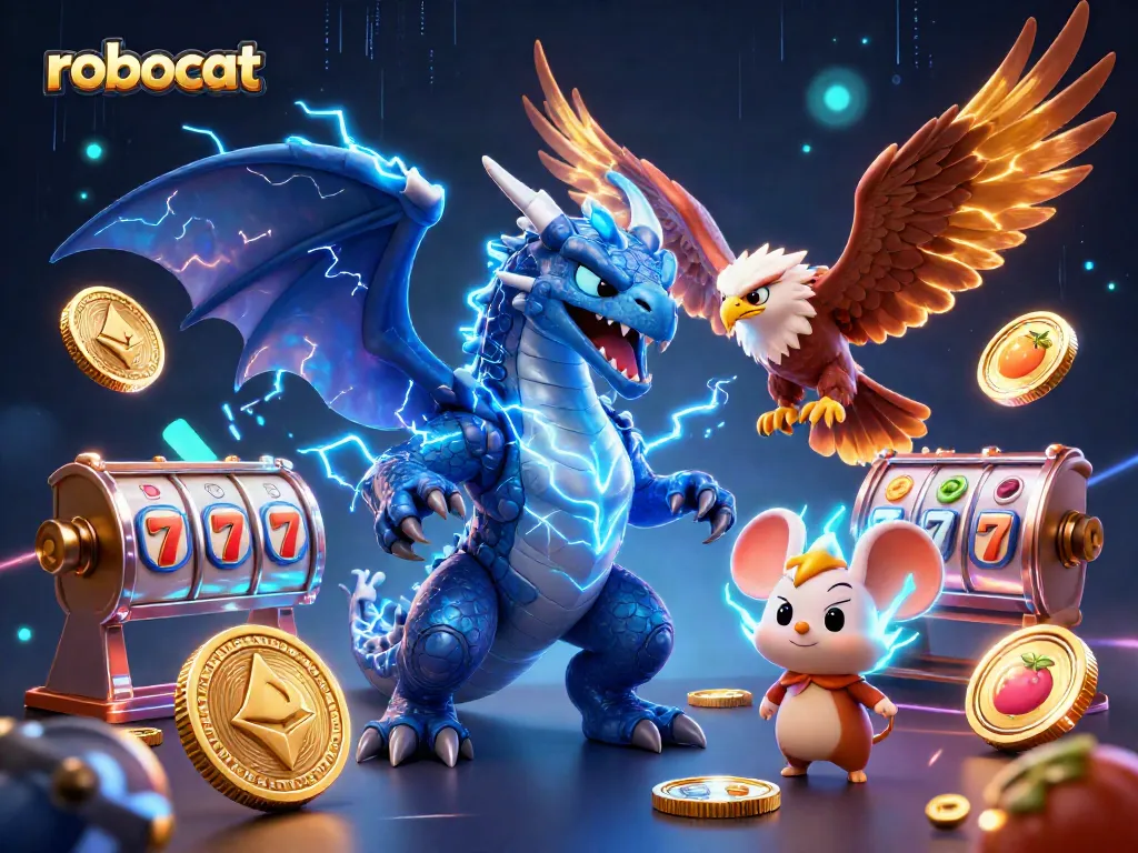 Engage with robocat as it plays slots amidst vibrant casino elements and crypto symbols.