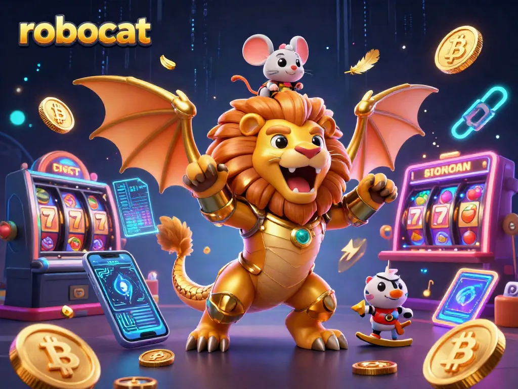 Robocat casino illustration featuring a triumphant chimera and mouse jockey amidst exciting gaming elements.
