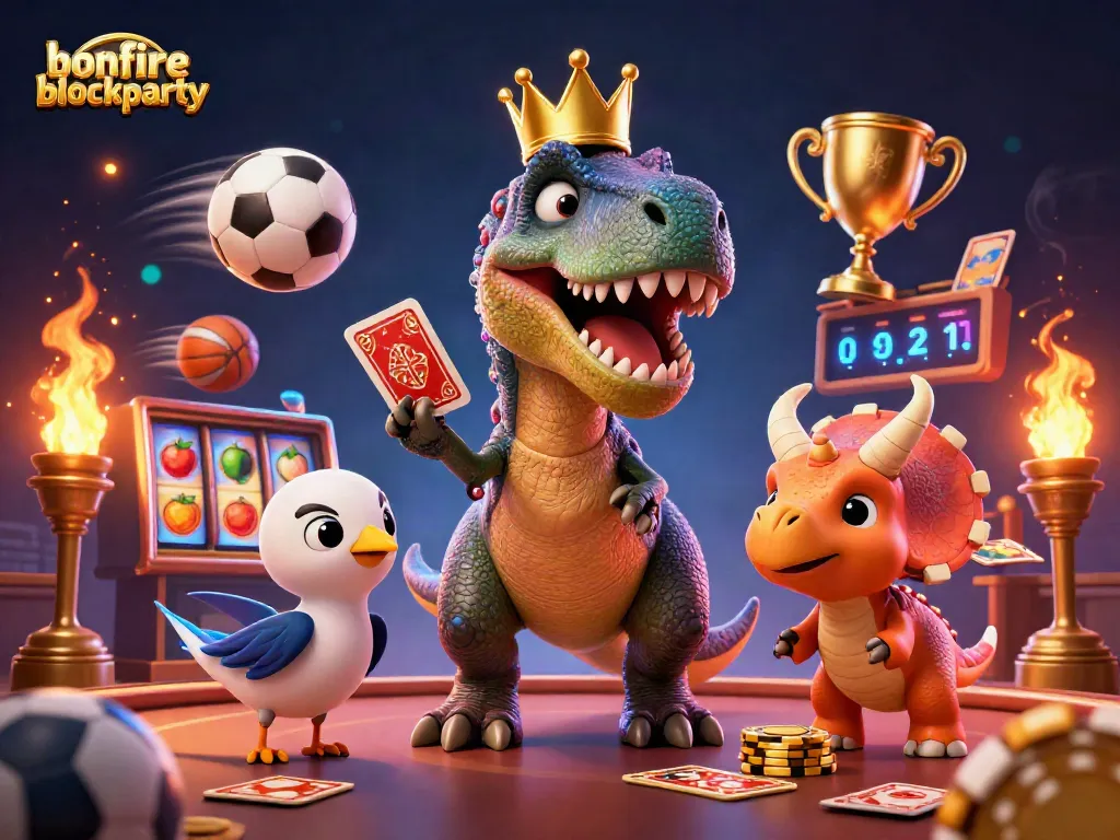Bet on thrilling games at the bonfireblockparty as a friendly T-Rex and friends shuffle cards and stack chips.